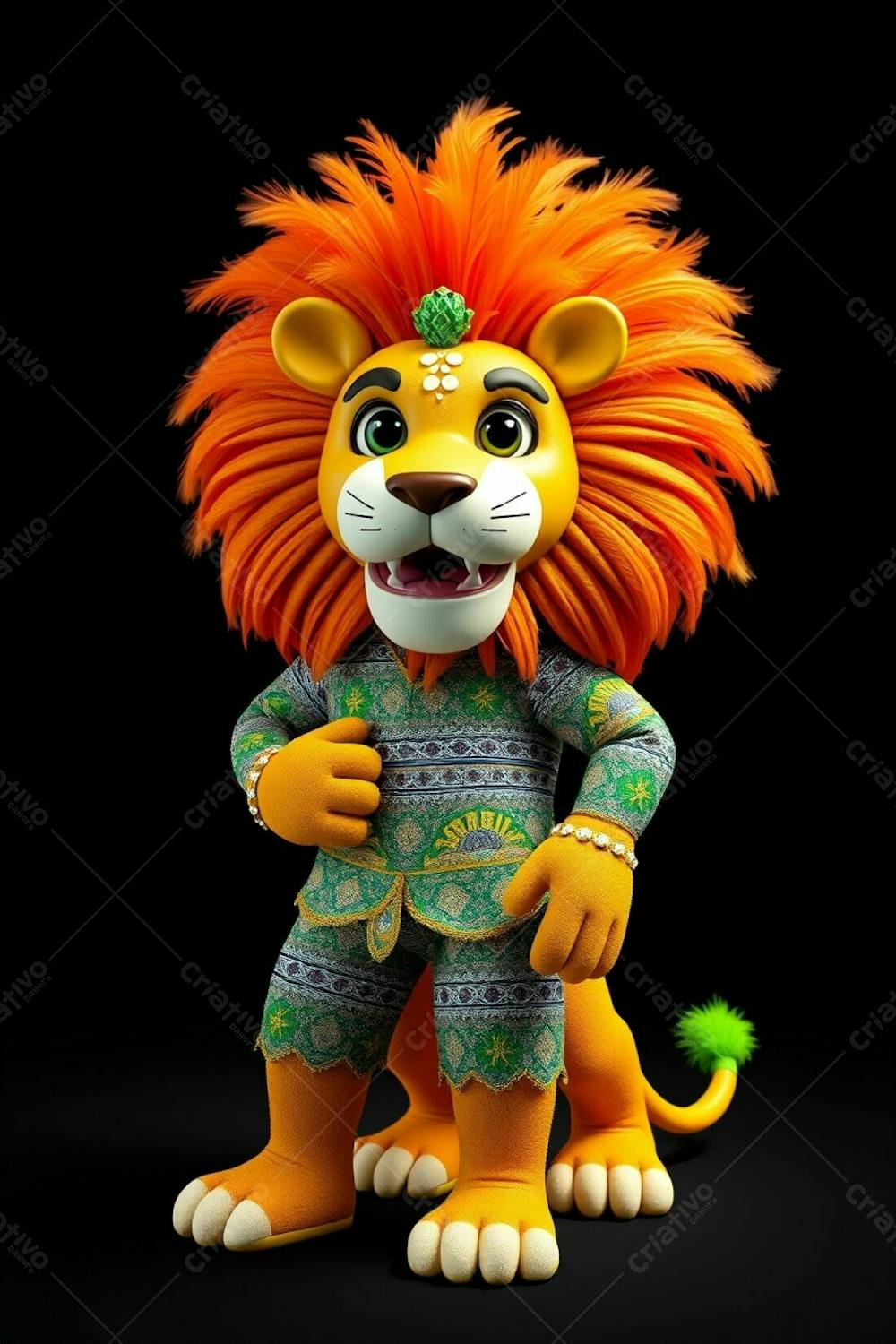 3D Rendered Lion Mascot Leonardo, Designed For Carnaval, In A High Angle, Full Body View. He Is Set Against A Plain Black Background, In Ultra High Definition. Leonardo Wears A Sparkling Se