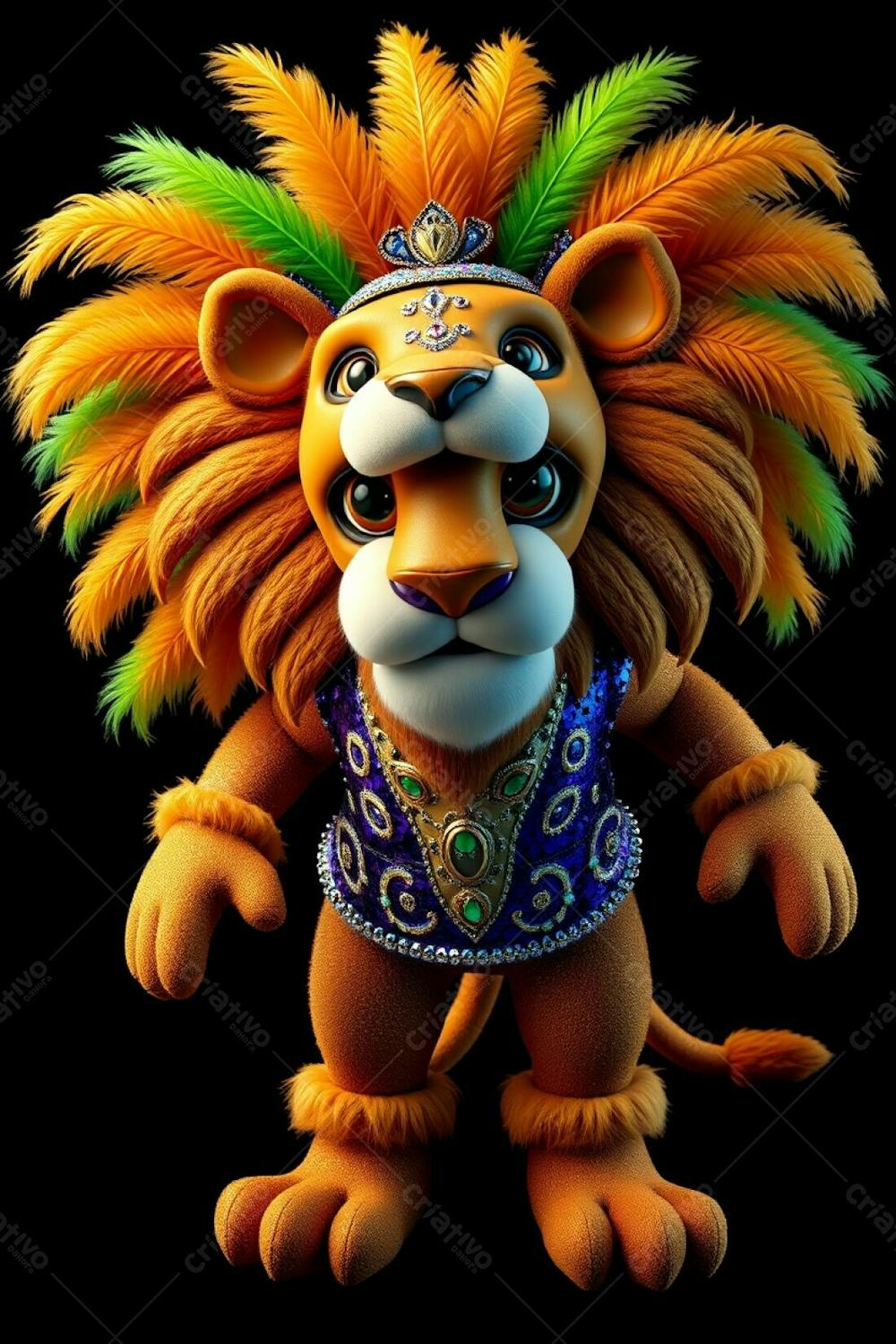 3D Rendered Lion Mascot Leonardo, In A Full Body, High Angle Shot. Ultra High Definition, Black Background. He&#39;S Wearing A Vibrant Sequined Carnaval Costume With Gold, Blue, And Green Feath