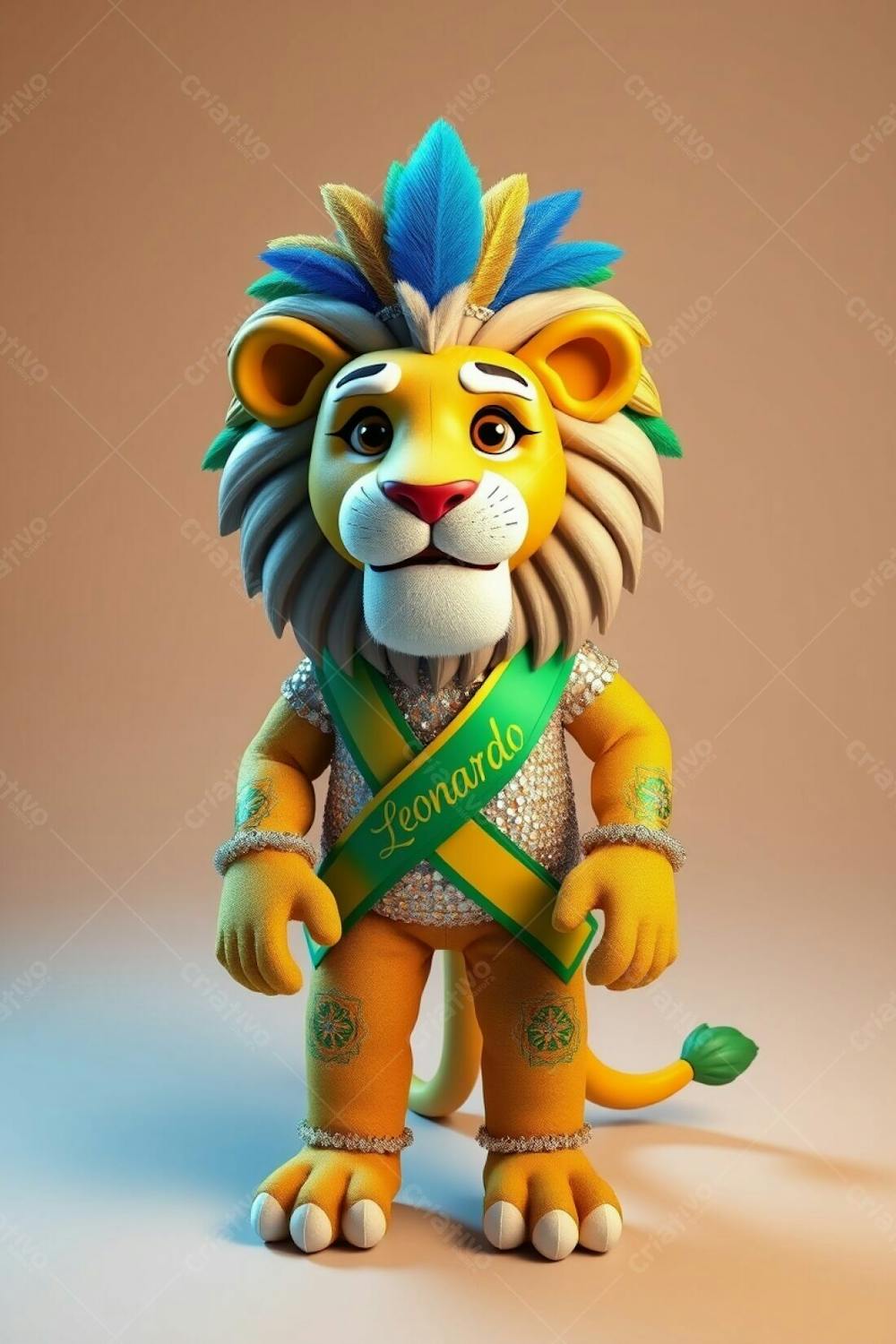 3D Rendered Lion Mascot, Leonardo, Designed For Carnaval. High Angle, Full Body Perspective. He Wears A Sparkling, Sequined Outfit With Brazilian Patterns And A Sash With His Name. His Mane