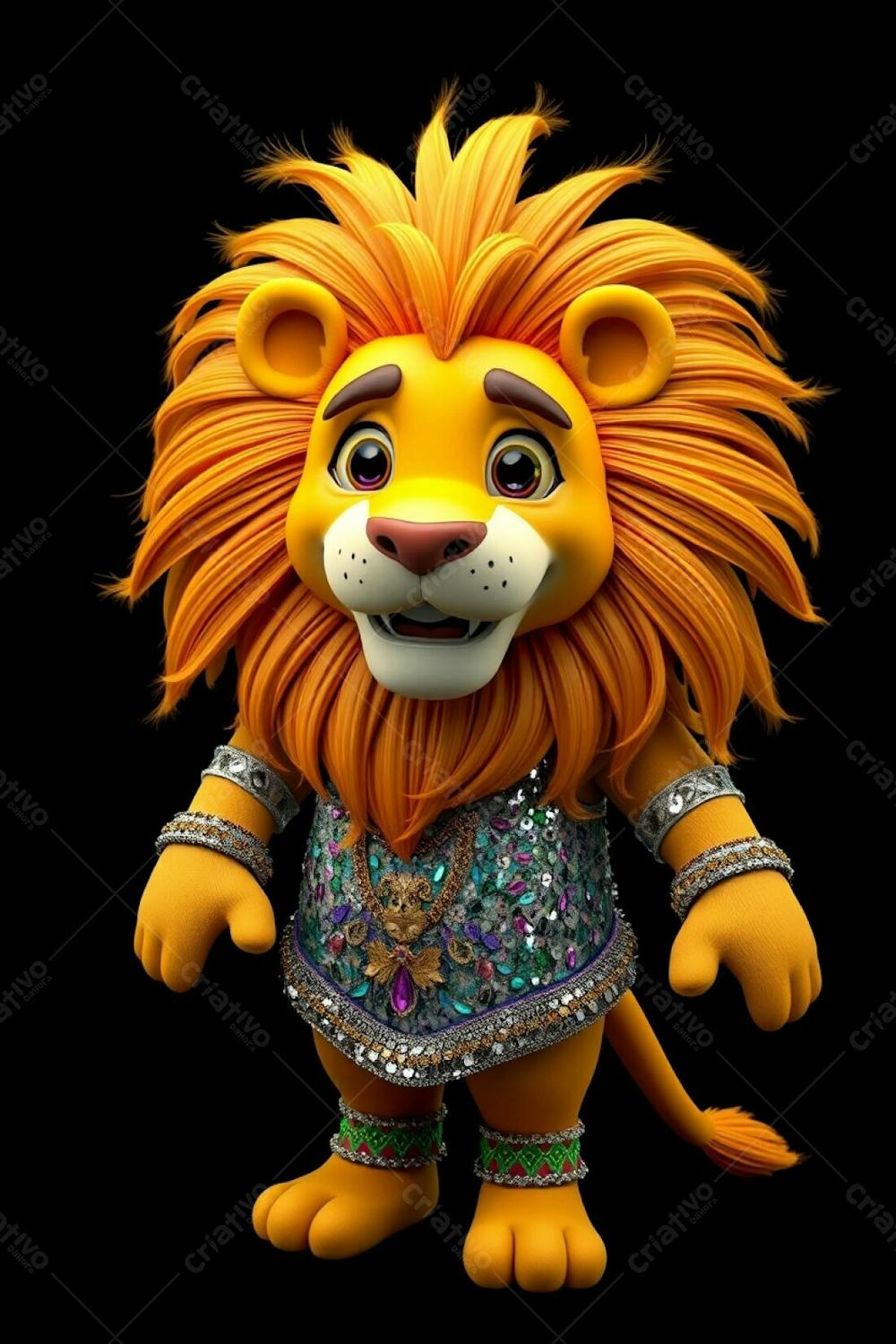 3D Rendered Lion Mascot, Leonardo, In A Carnaval Costume. Ultra High Definition, High Angle Perspective, Full Body. He Has A Cheerful Expression, Vibrant Gold, Blue, And Green Feathers In H