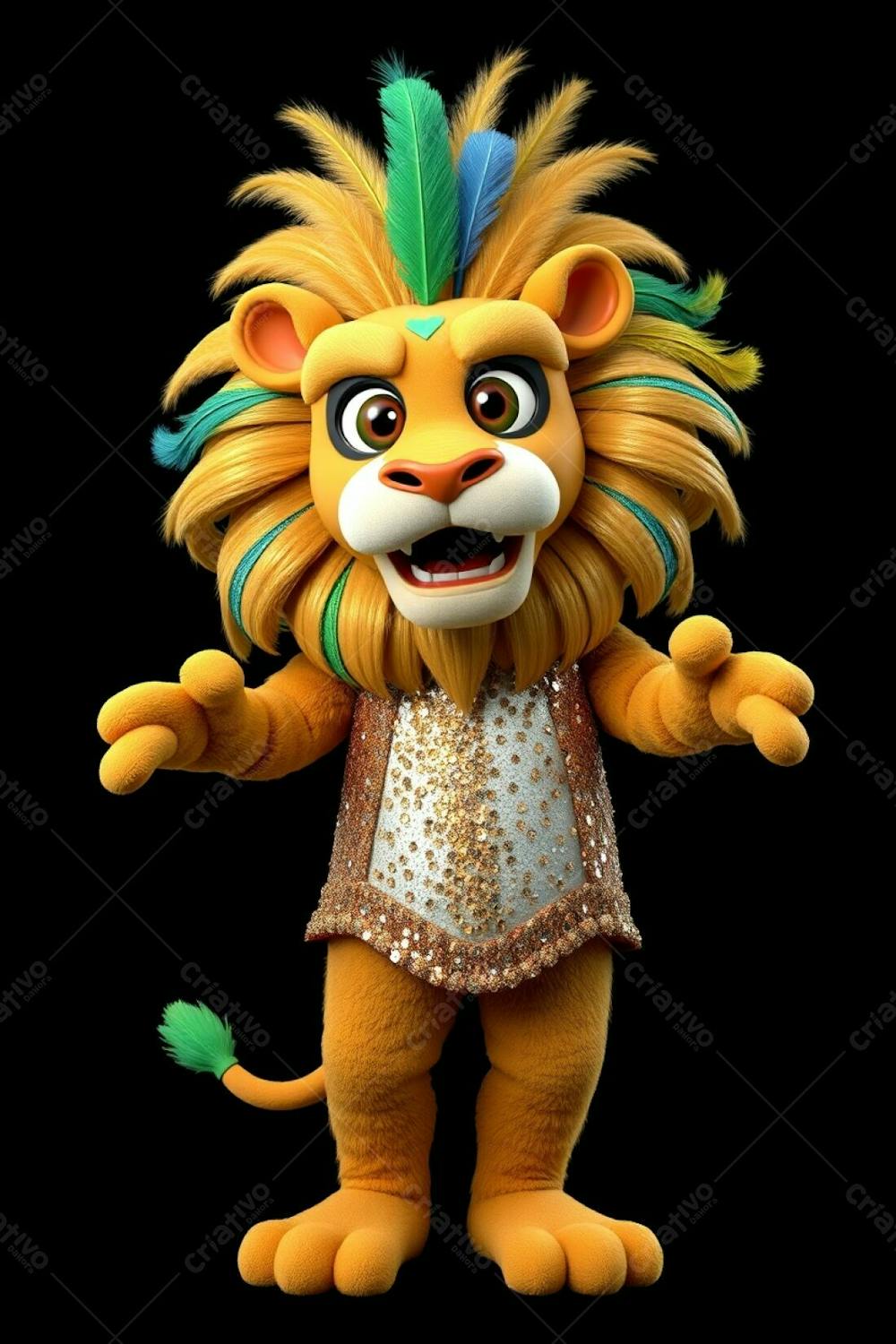 3D Rendered Carnaval Lion Mascot, Leonardo, In Ultra High Definition. High Angle, Full Body View Against A Black Background. Leonardo Wears A Sequined Costume, Gold, Blue, And Green Feathers