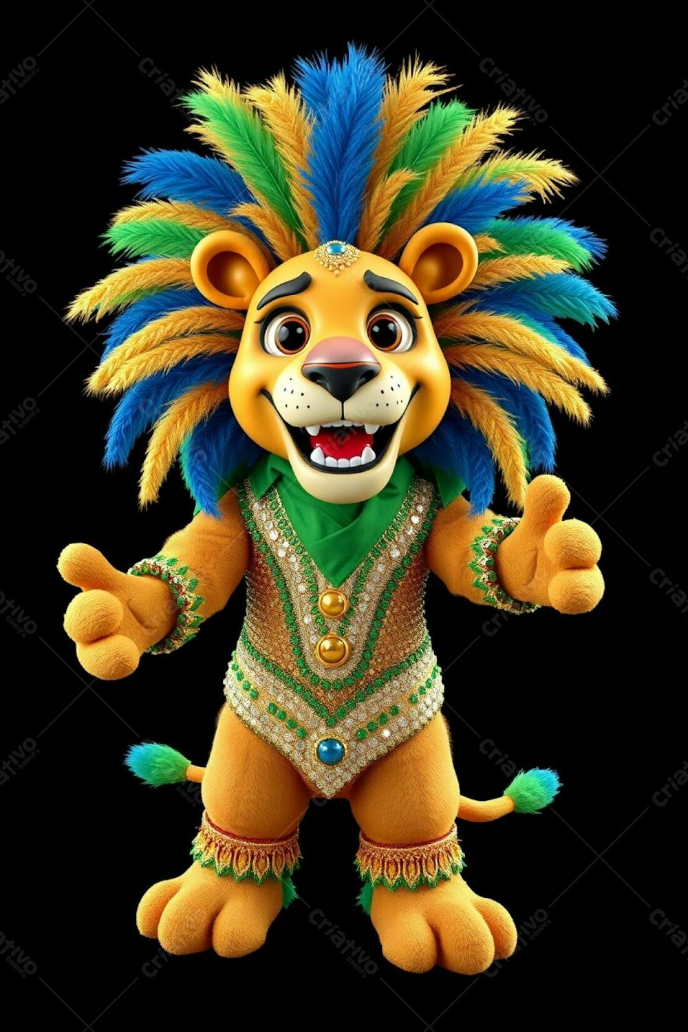 3D Rendered Image Of Leonardo, A Carnaval Lion Mascot. High Angle, Full Body View Against A Solid Black Background. Ultra High Definition. Leonardo Wears A Sequined, Brazilian Inspired Cos