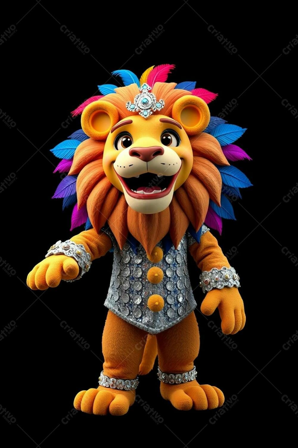 3D Rendered Lion Mascot Leonardo, Designed For Carnaval, In Ultra High Definition. High Angle Full Body Shot Against A Black Background. He Wears A Sparkling Sequined Costume With Intricate