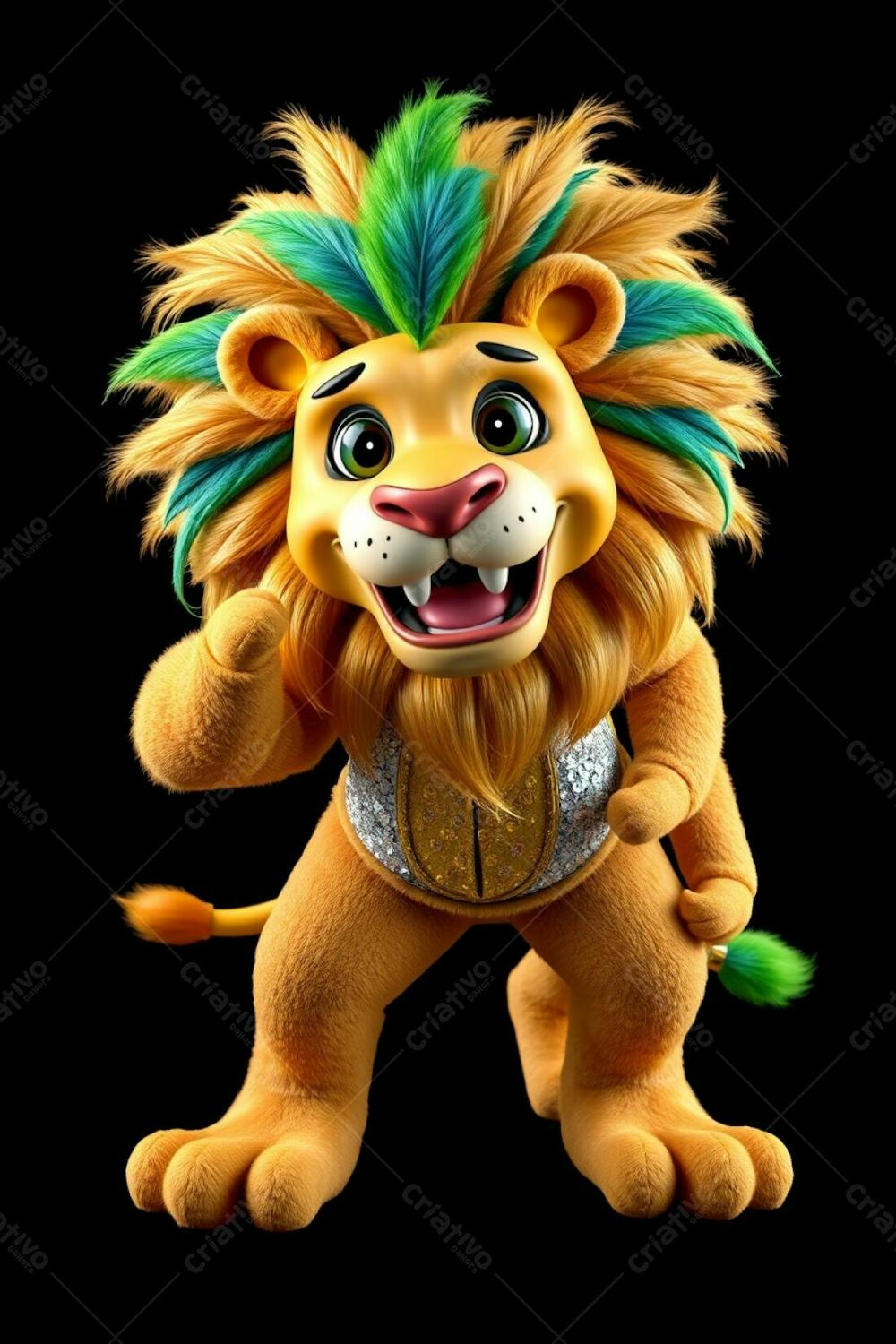 3D Rendered Lion Mascot, Leonardo, For Carnaval. High Angle, Full Body Shot Against A Solid Black Background. Ultra High Definition. Leonardo Is Joyful And Expressive, With A Sequined Cost