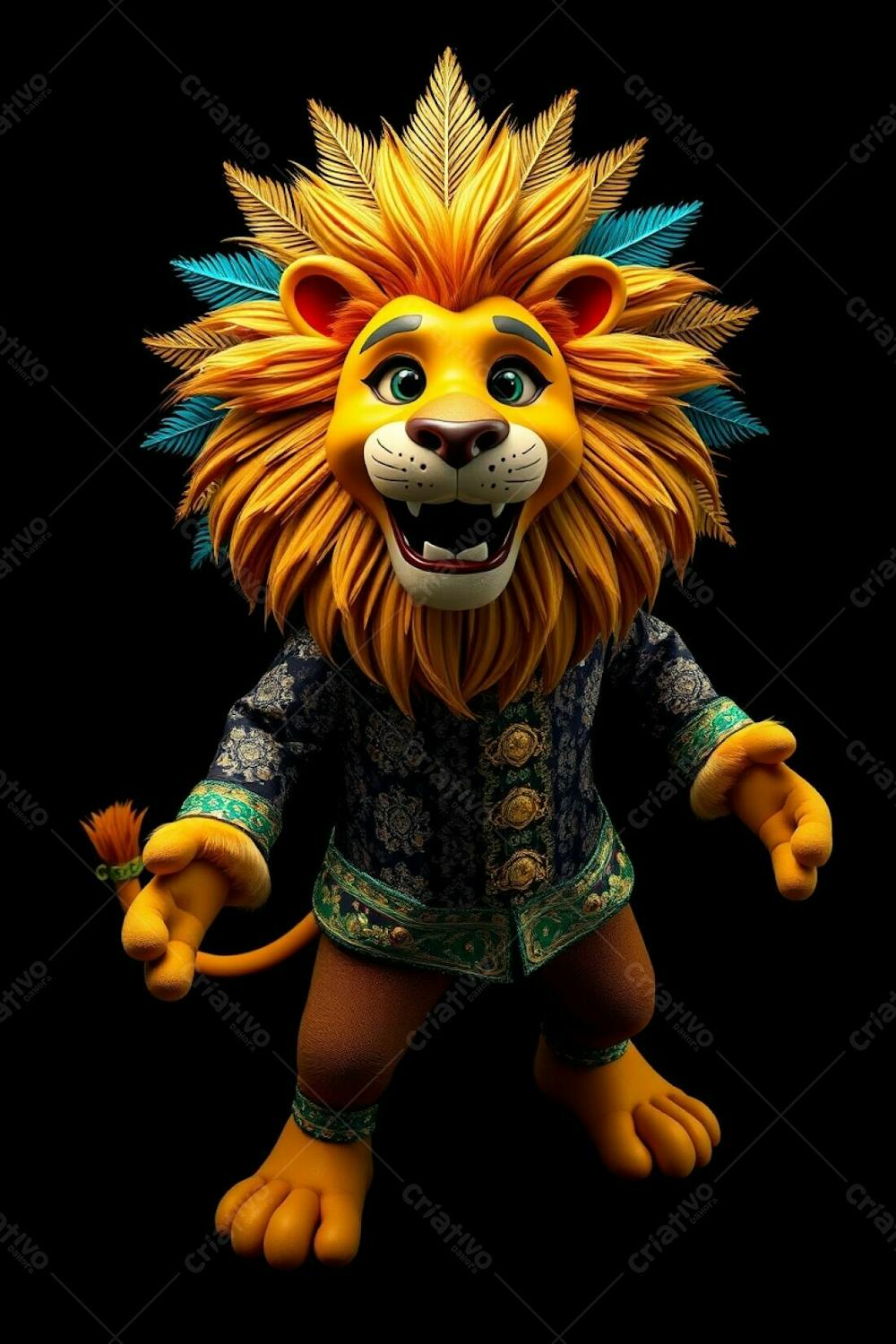 3D Rendered Lion Mascot, Leonardo, In A High Angle Full Body Shot, On A Black Background. The Style Is Professional Fine Art Photography, Warm With Soft Dark Tones. Leonardo Wears A Sequine