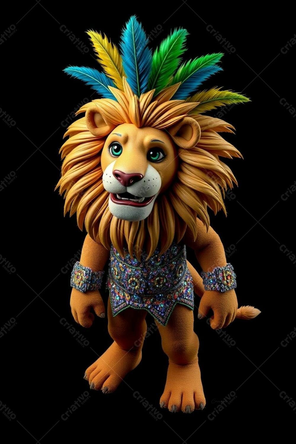 3D Rendered Lion Mascot, Leonardo, In A High Angle, Full Body Shot. He&#39;S Dressed In A Vibrant Carnaval Costume Featuring Gold, Blue, And Green Feathers In His Mane And A Sequined Outfit. Th