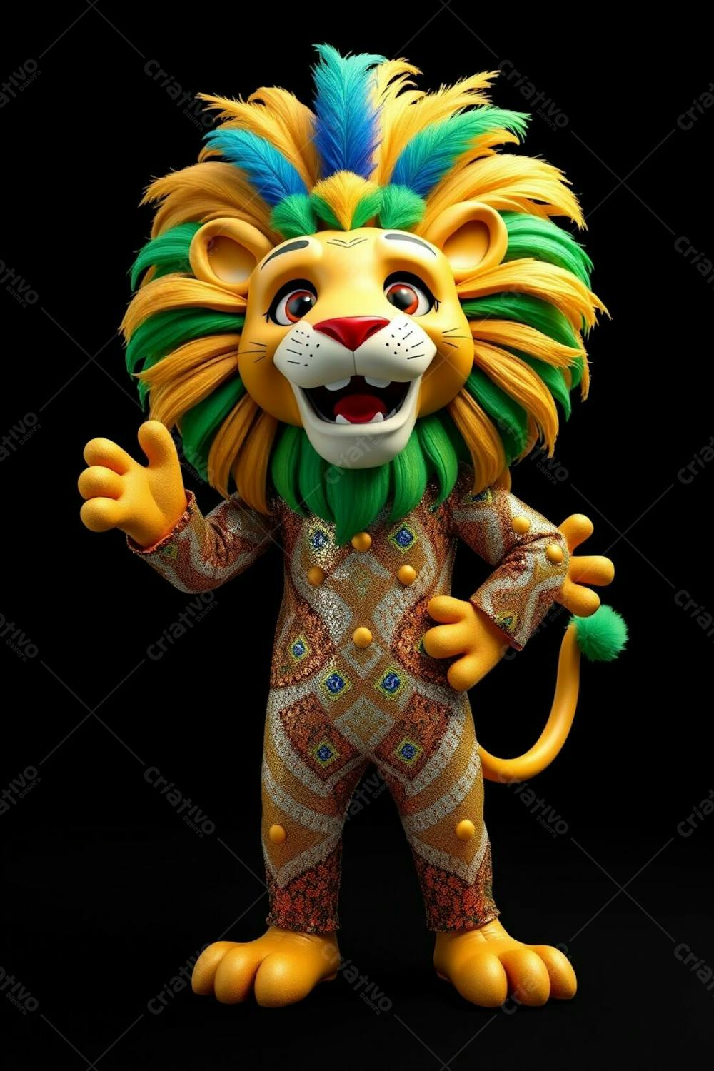 3D Rendered, Full Body Image Of Leonardo, A Lion Mascot For Carnaval. High Angle Perspective Showing Him Against A Black Background. Leonardo Wears A Shimmering Sequined Costume With Brazili