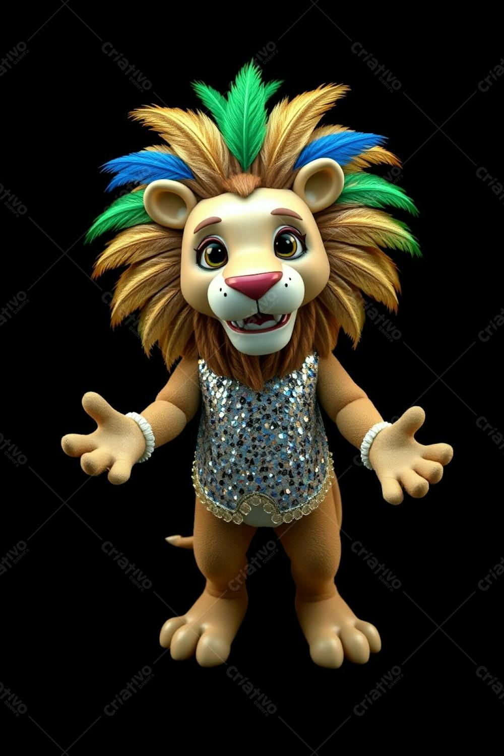 A 3D Rendered Lion Mascot, Leonardo, In A Full Body, High Angle Photograph Against A Solid Black Background. He Is Designed For Carnaval, Wearing A Sparkling Sequined Outfit, With Gold, Blue