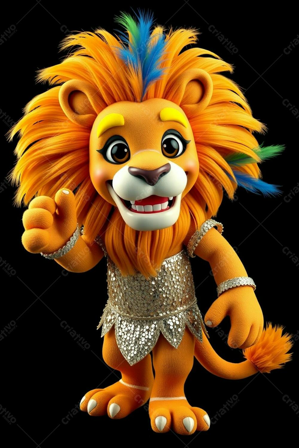 A Full Body, High Angle Perspective Of A 3D Rendered Lion Mascot, Leonardo, For Carnaval. The Ultra High Definition Image Shows Him Against A Solid Black Background, Wearing A Sequined Cost