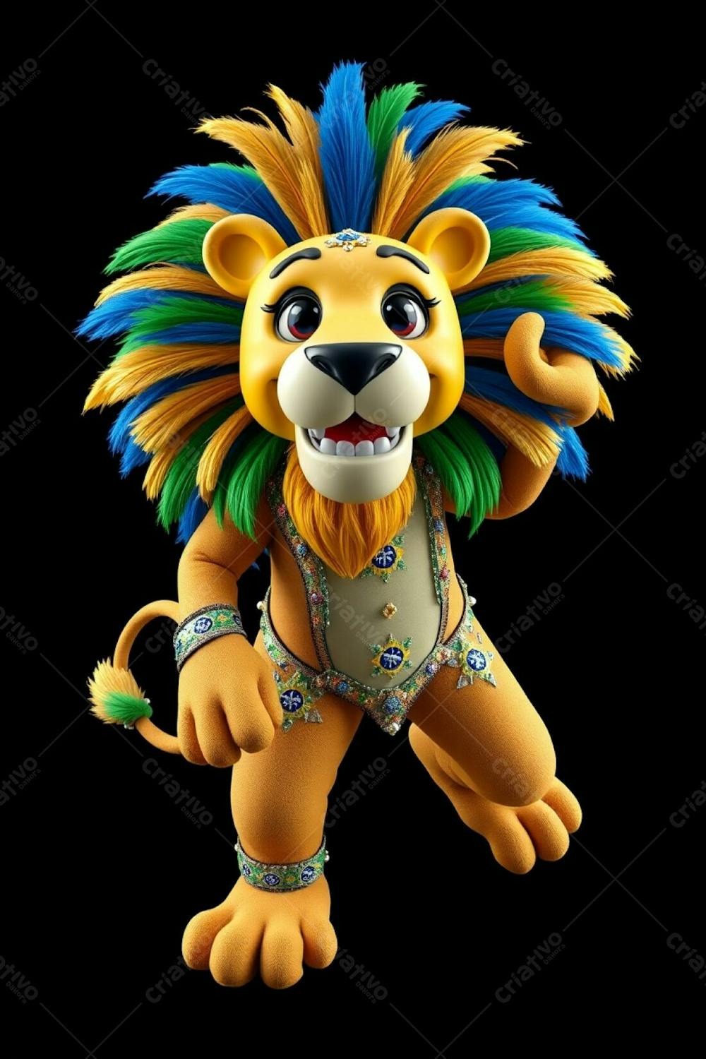 A High Angle, Full Body 3D Render Of Leonardo, A Carnaval Lion Mascot. Ultra High Definition Image On A Black Background. Leonardo Exudes Joy, His Mane Features Gold, Blue And Green Feathe