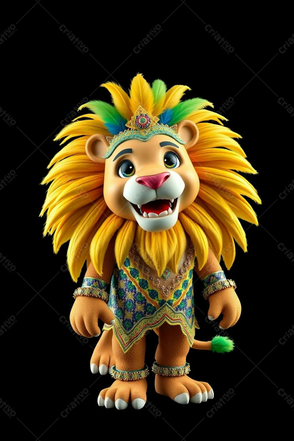 A High Angle, Full Body Shot Of A 3D Rendered Lion Carnaval Mascot, Leonardo. He Is Against A Solid Black Background, Ultra High Definition. Leonardo Sports A Sequined Costume With Brazili