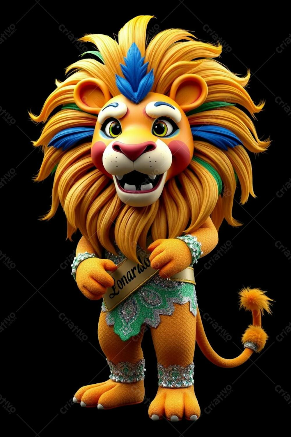 A High Angle, Full Body, Ultra High Definition 3D Render Of Leonardo, A Carnaval Lion Mascot Against A Black Background. Leonardo Displays Charisma And Joy. His Mane Is Adorned With Gold, B