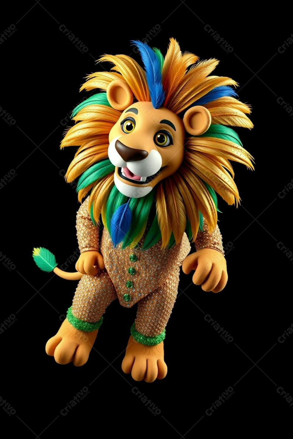 A High Resolution, High Angle Stock Photo Of Leonardo, A 3D Rendered Lion Carnaval Mascot. He Is Full Body, Against A Black Background. The Lion Wears A Sparkling, Patterned Sequined Outfit