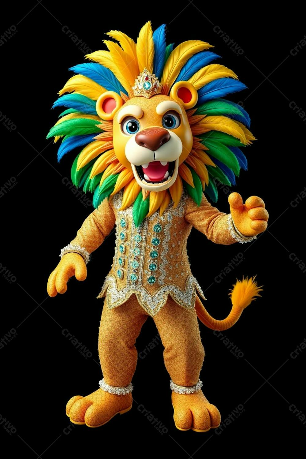 A High Resolution, High Angle, Full Body 3D Render Of Leonardo, A Carnaval Lion Mascot, On A Pure Black Background. Leonardo&#39;S Mane Features Vibrant Gold, Blue, And Green Feathers. His Cost