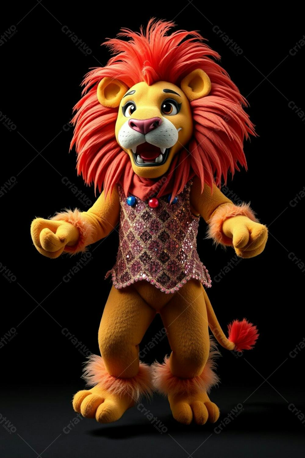 A Professional, High Angle Photograph Of A 3D Rendered Lion Mascot, Leonardo, Designed For Carnaval. The Image Is In Ultra High Definition Against A Black Background. Leonardo Wears A Sequi