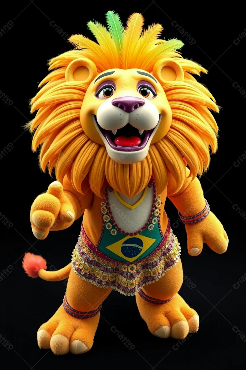 Commercial Quality Stock Photo High Angle Perspective Of A Full Body 3D Rendered Lion Mascot, Leonardo, For Carnaval. Ultra High Definition Image Against A Solid Black Background. Leonardo