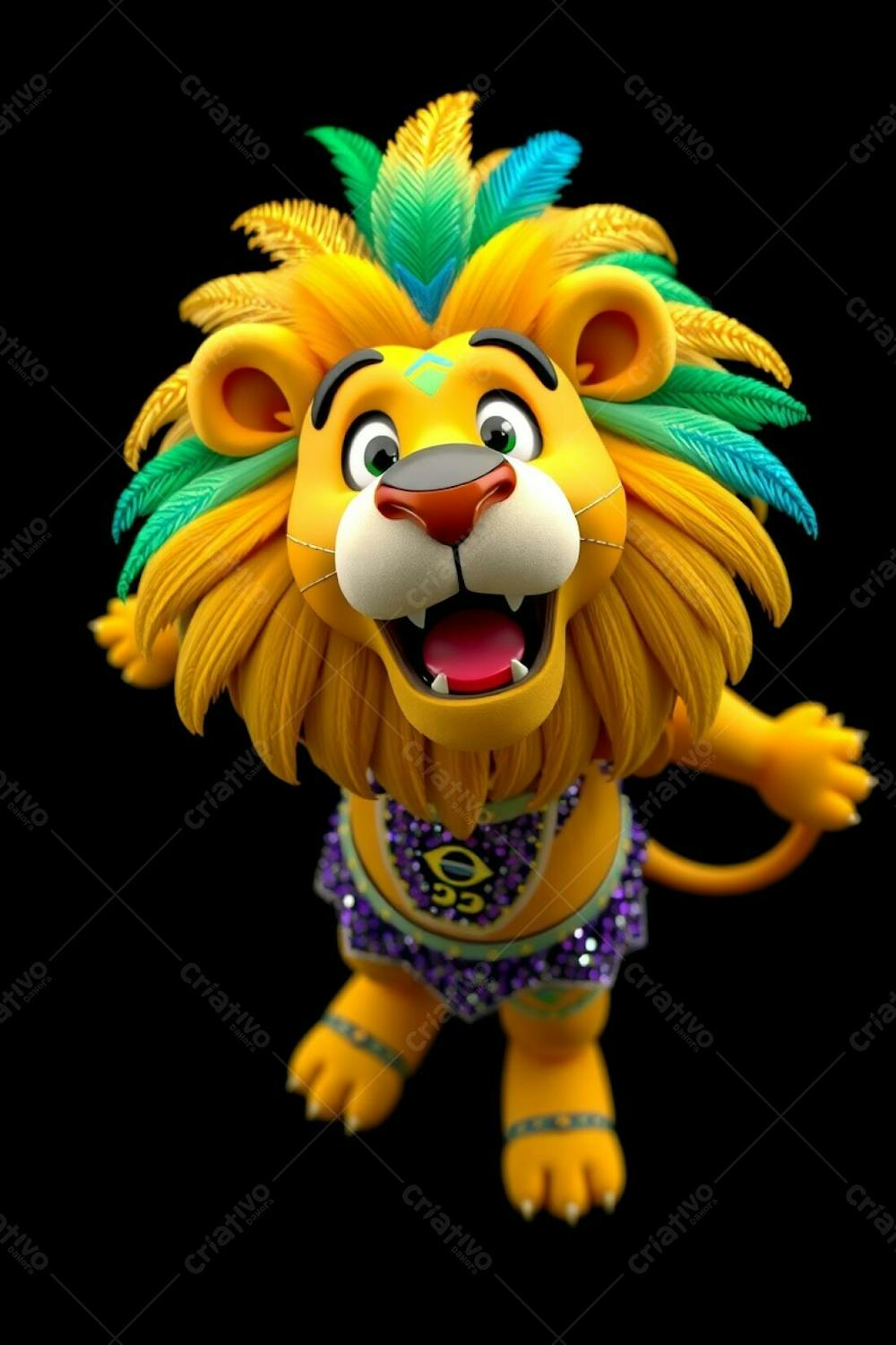 Commercial Grade, High Resolution Image Featuring A 3D Rendered Lion Mascot, Leonardo, Designed For Carnaval. High Angle Perspective, Showcasing Leonardo In A Vibrant, Sequined Costume, A Jo