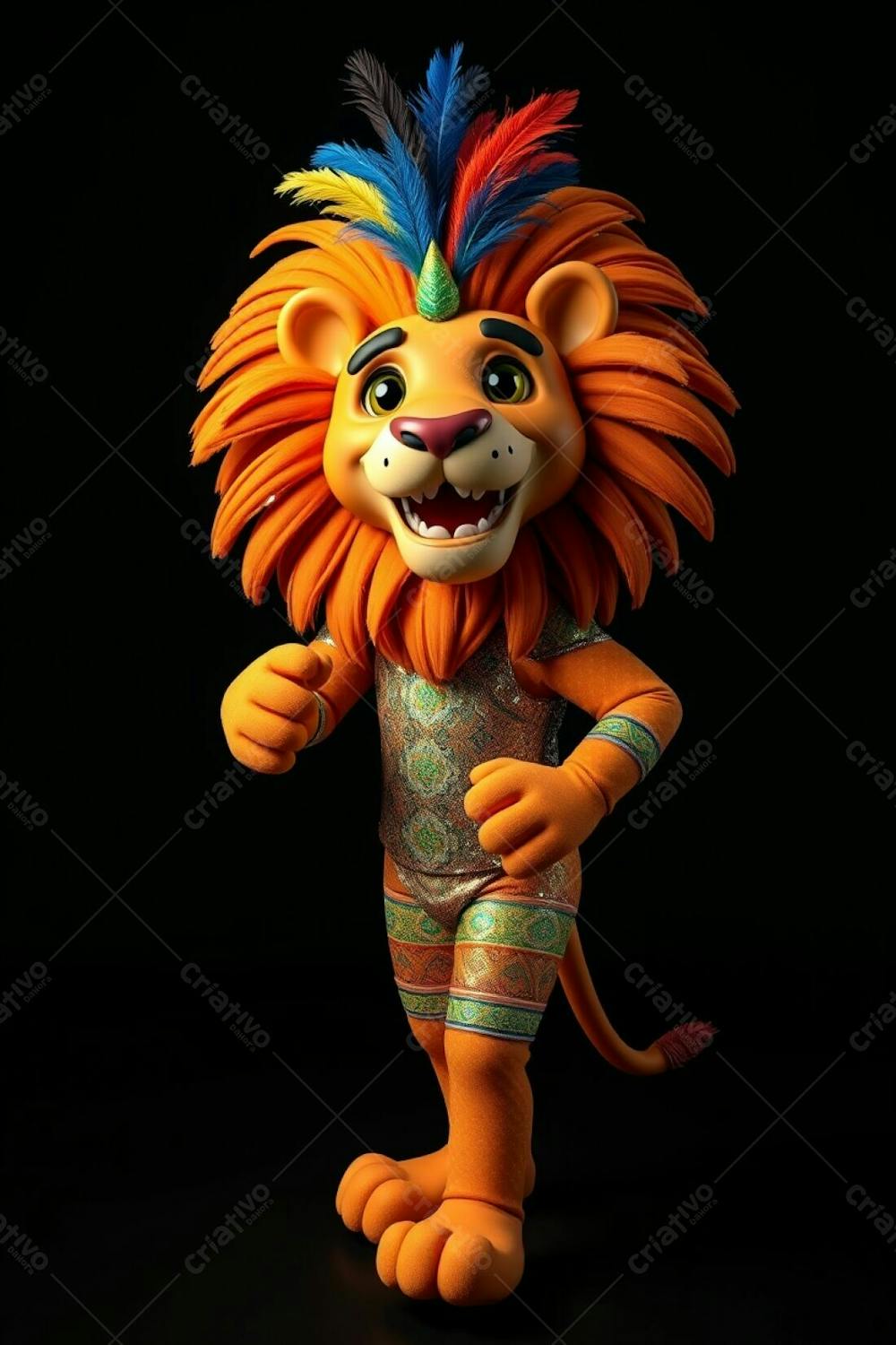 Full Body, High Angle Shot Of Leonardo, A 3D Rendered Lion Carnaval Mascot. Ultra High Definition Image Showcasing A Warm, Slightly Dark, And Soft Professional Photography Style. He&#39;S Agains