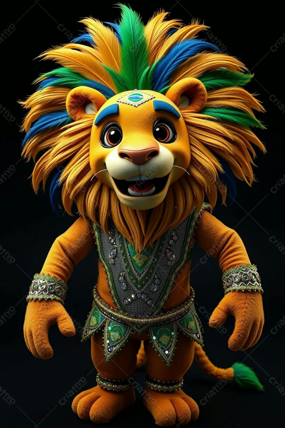 Full Body, High Angle, 3D Rendered Lion Mascot Leonardo In A Carnaval Costume. He Has A Cheerful Expression, His Mane Boasts Gold, Blue, And Green Feathers. His Costume Is Sparkling And Se