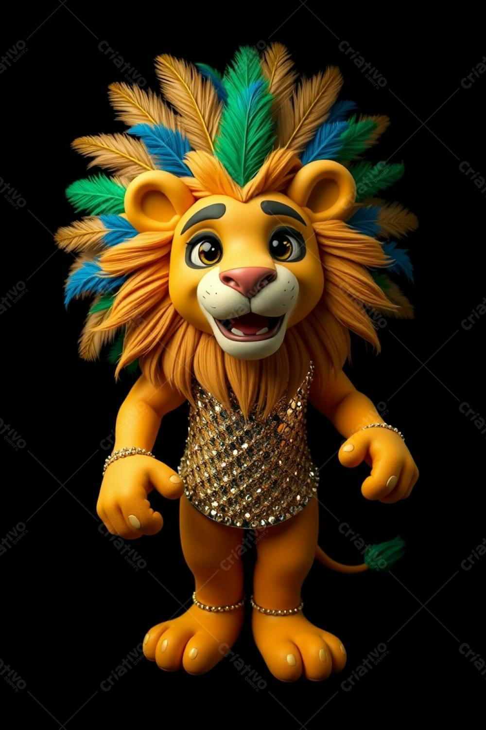 Full Body, High Angle View Of Leonardo, A 3D Rendered Lion Mascot For Carnaval. He Is On A Black Background, Ultra High Definition, Wearing A Sequined Brazilian Style Costume With Gold, Blu