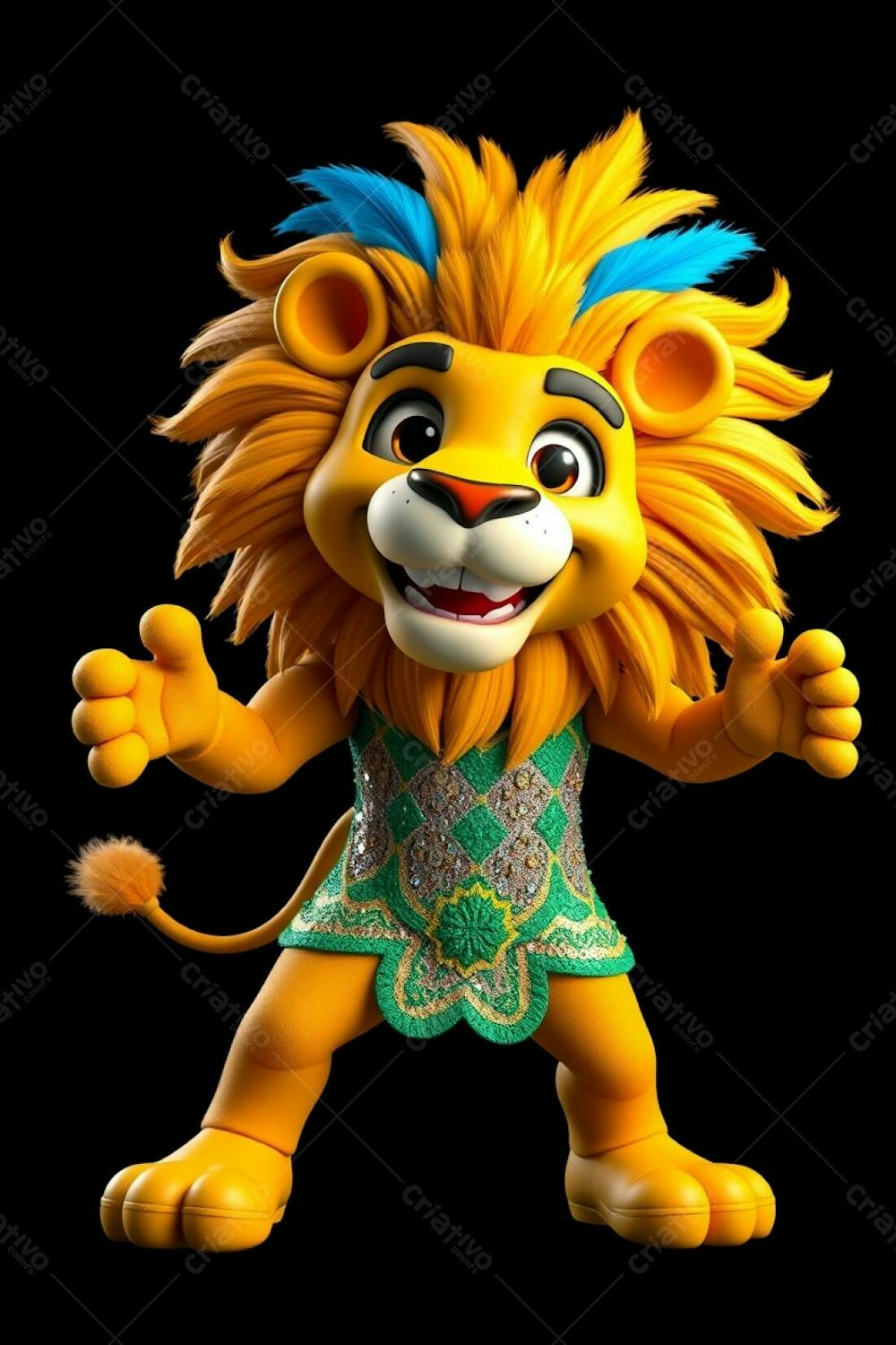 High Angle Full Body Shot Of A 3D Rendered Lion Mascot, Leonardo, For Carnaval. Ultra High Definition Image On A Solid Black Background. He Has A Cheerful Expression, A Dynamic Pose, And Is