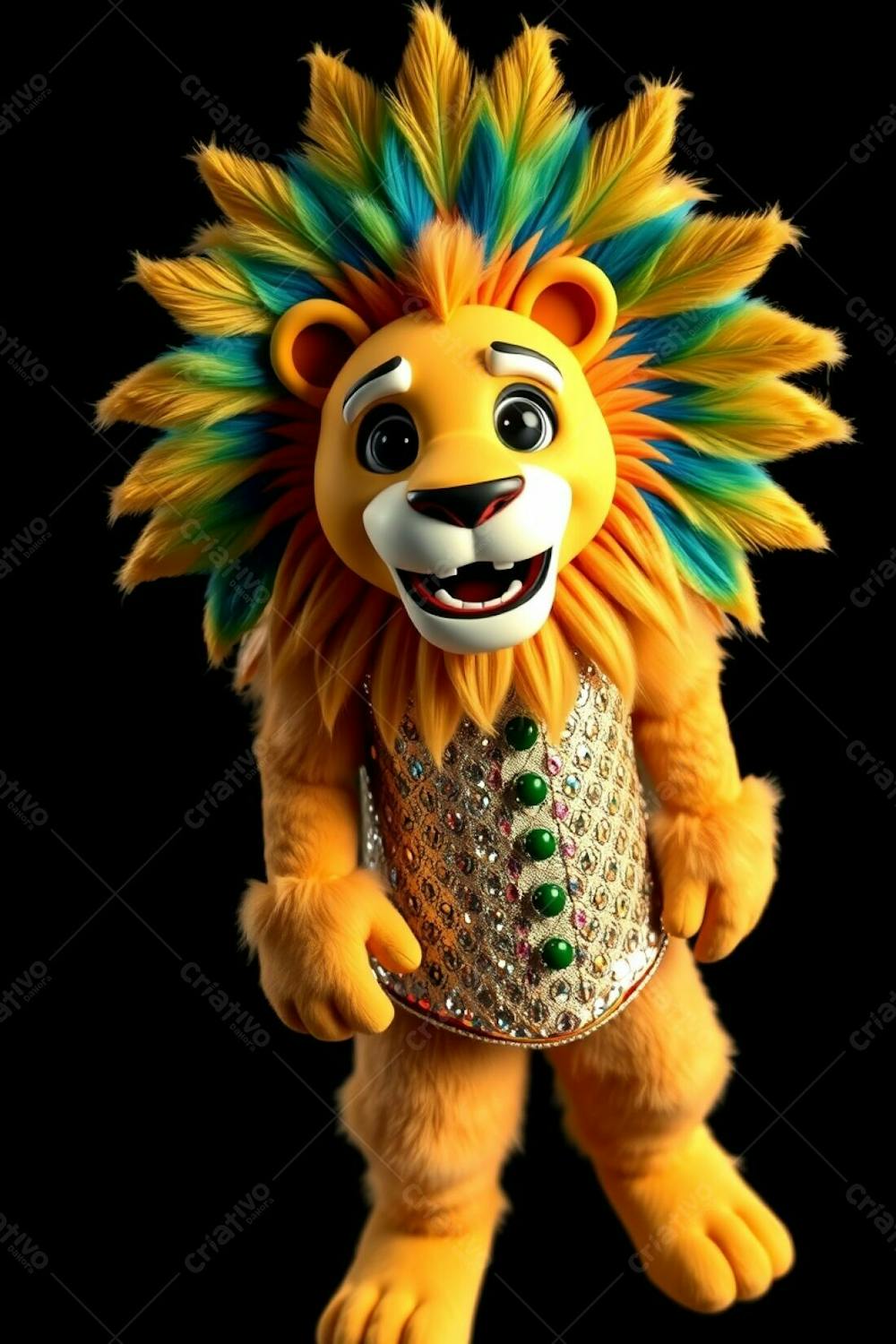 High Angle Perspective, Full Body Shot Of Leonardo, A 3D Rendered Lion Carnaval Mascot. He&#39;S Against A Black Background, Dressed In A Sparkling, Intricately Patterned Sequined Outfit And Bo