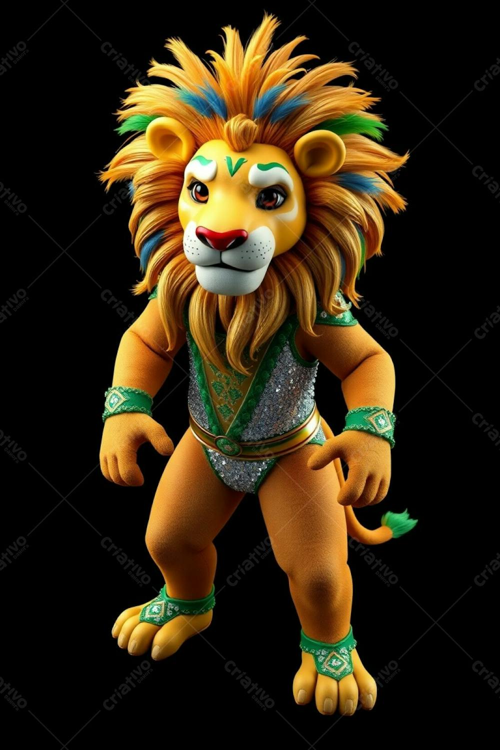 High Angle View Of A 3D Rendered Lion Mascot, Leonardo, For Carnaval. Full Body Shot, Professional Photography Style. Leonardo Is Depicted In A Dynamic Pose, Wearing A Sparkling Sequined Co