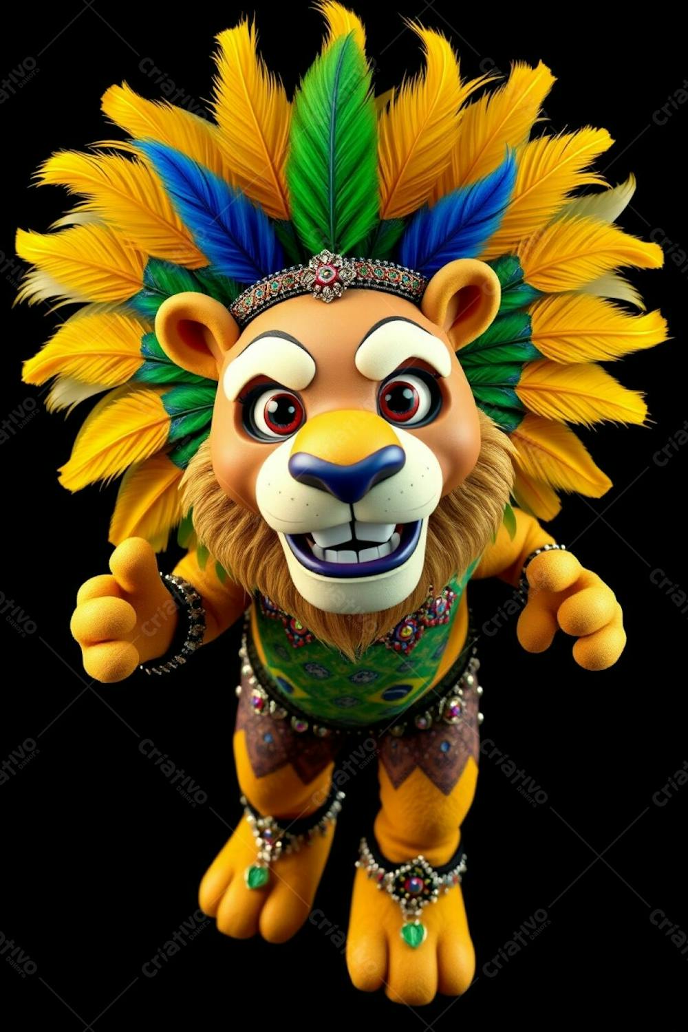 High Angle, Full Body 3D Render Of A Carnaval Lion Mascot, Leonardo, Against A Black Background. The Image Is In Ultra High Definition. Leonardo&#39;S Mane Is Adorned With Vibrant Gold, Blue And