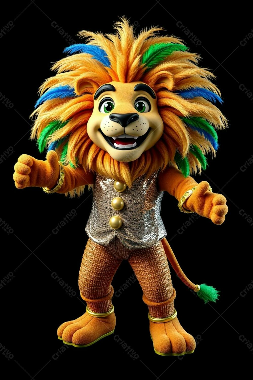 High Angle, Full Body 3D Render Of Carnaval Mascot Leonardo, A Lion In A Sequined Outfit. The Background Is Solid Black, Ultra High Definition. His Mane Includes Gold, Blue And Green Feath