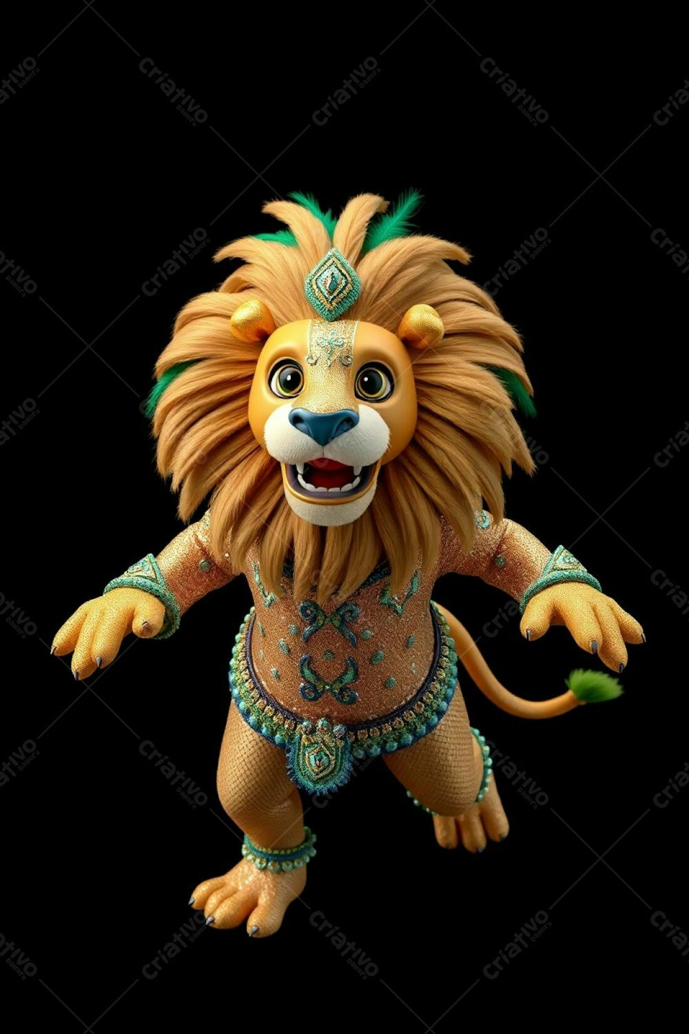 High Angle, Full Body 3D Render Of Leonardo, A Carnaval Lion Mascot, Against A Black Background In Ultra High Definition. He Wears A Sparkling Sequined Costume With Intricate Patterns And A