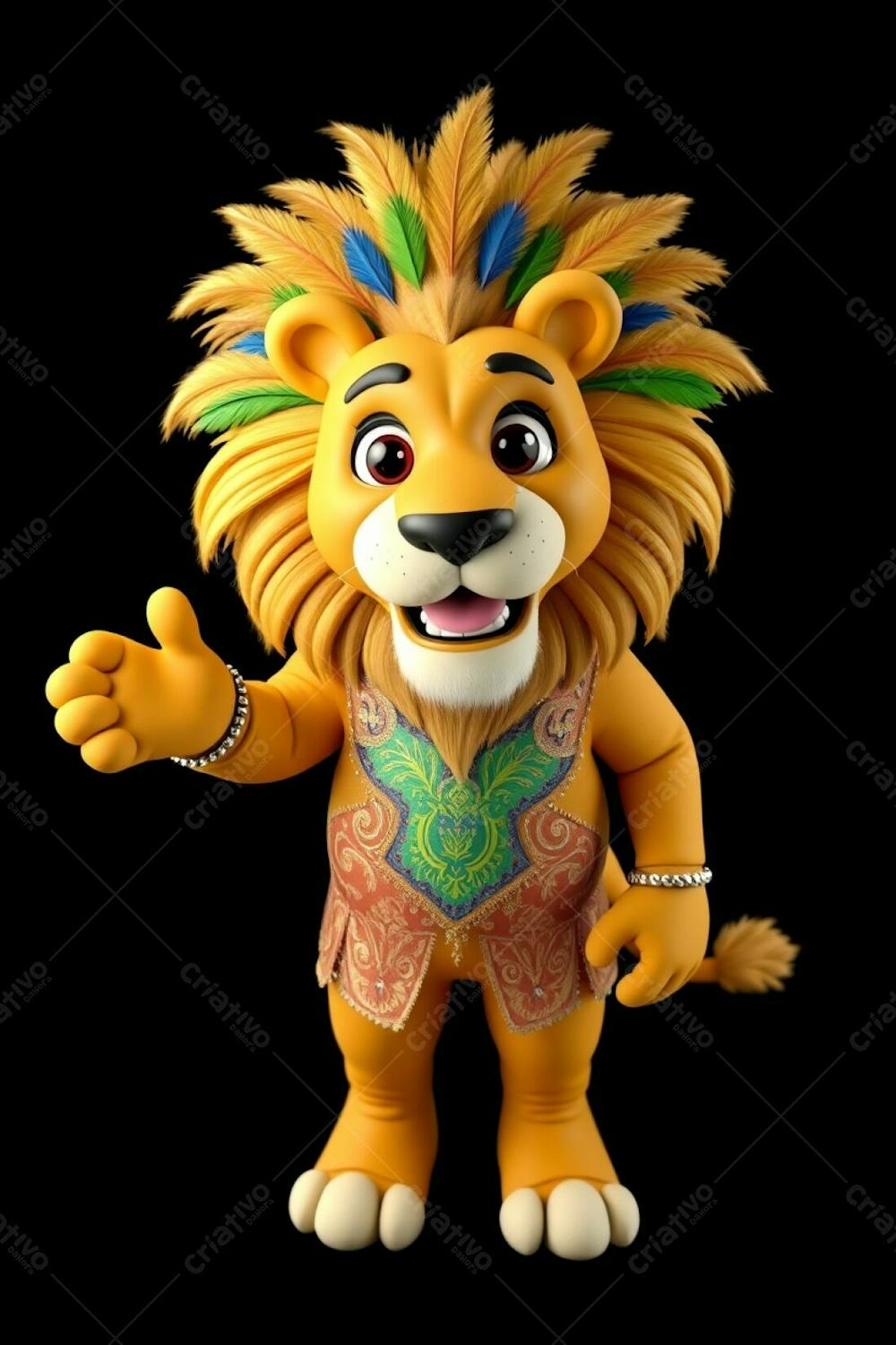 High Angle, Full Body 3D Render Of Leonardo, A Cheerful Carnaval Lion Mascot. Ultra High Definition Image On A Black Background. His Mane Is Decorated With Gold, Blue, And Green Feathers.