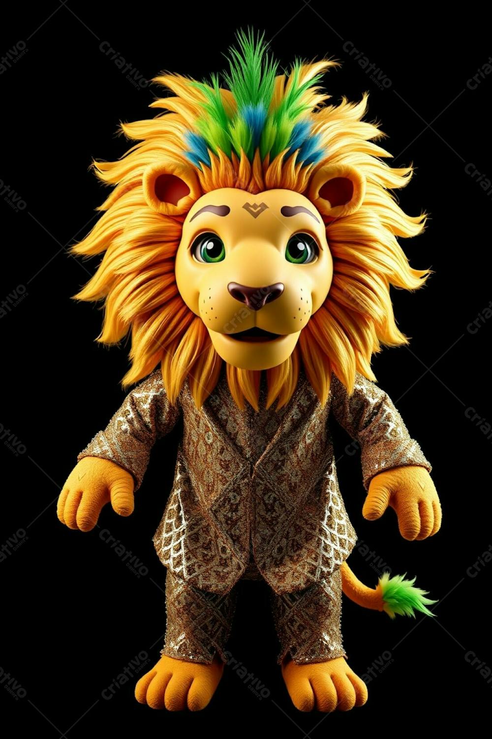 High Angle, Full Body Shot Of 3D Rendered Lion Mascot Leonardo Against A Black Background. He&#39;S Wearing A Sparkling Sequined Carnaval Costume With Intricate Patterns, His Mane Features Gold