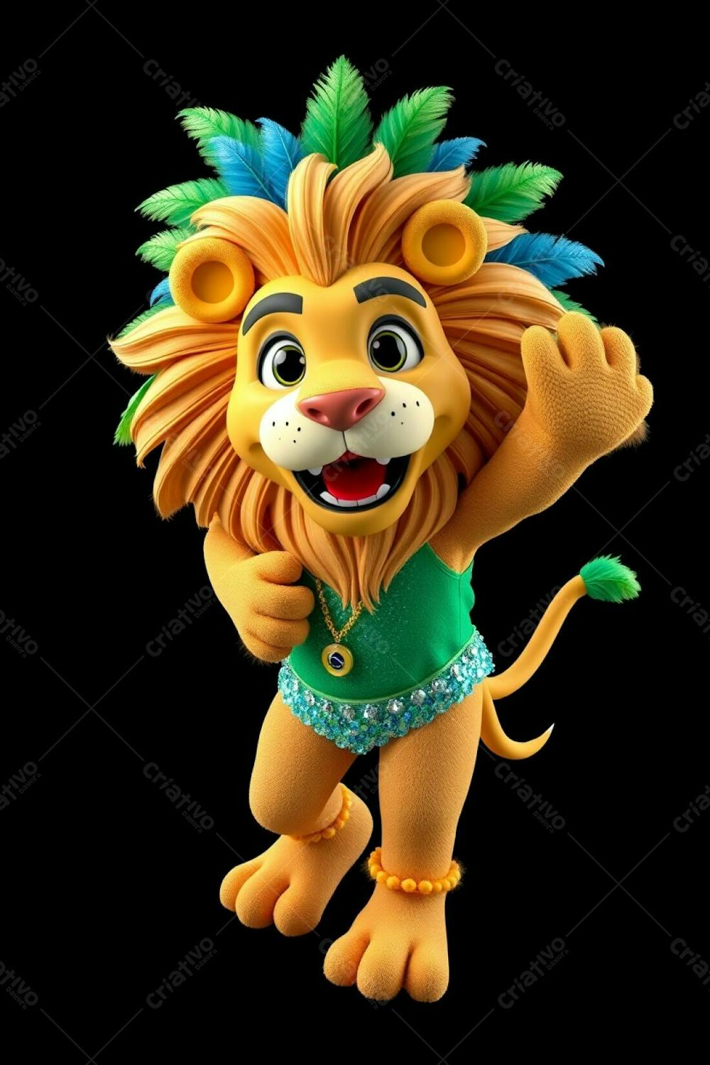 High Angle, Full Body Shot Of 3D Rendered Lion Mascot Leonardo For Carnaval. The Image Is Ultra High Definition, Against A Black Background. Leonardo&#39;S Costume Is Sequined, Brazilian Inspi