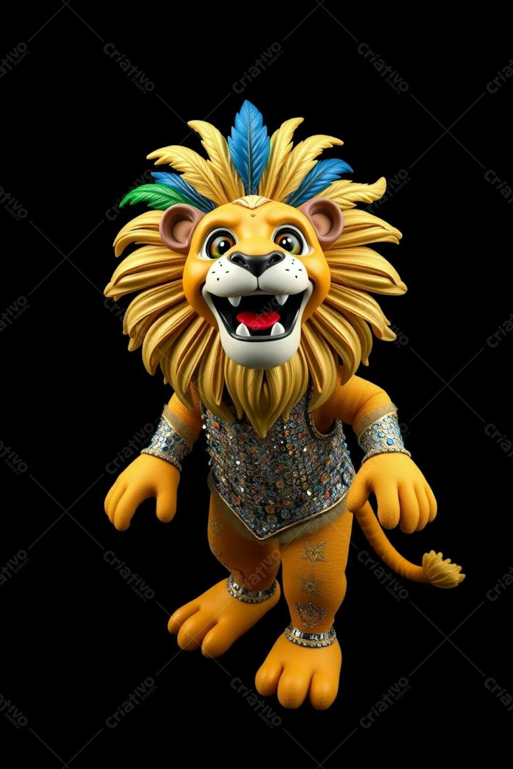 High Angle, Full Body Shot Of 3D Rendered Lion Mascot, Leonardo, For Carnaval. He&#39;S In Ultra High Definition Against A Black Background, Exhibiting Joy. His Costume Is Sequined With Intric