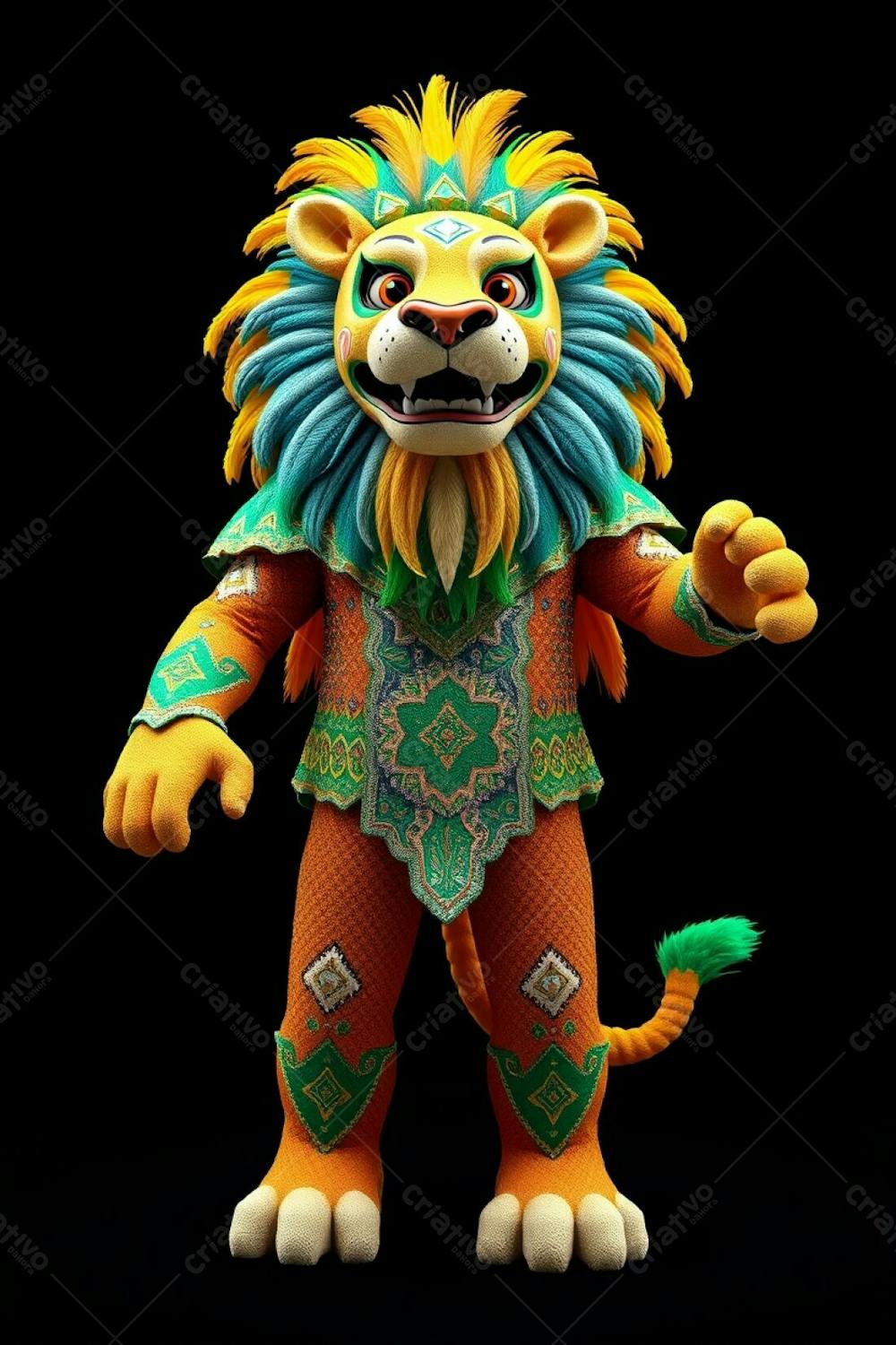 High Angle, Full Body Shot Of A 3D Rendered Carnaval Lion Mascot Leonardo. Ultra High Definition Image Against A Solid Black Background. He Is Wearing A Sparkling Sequined Costume With Tra