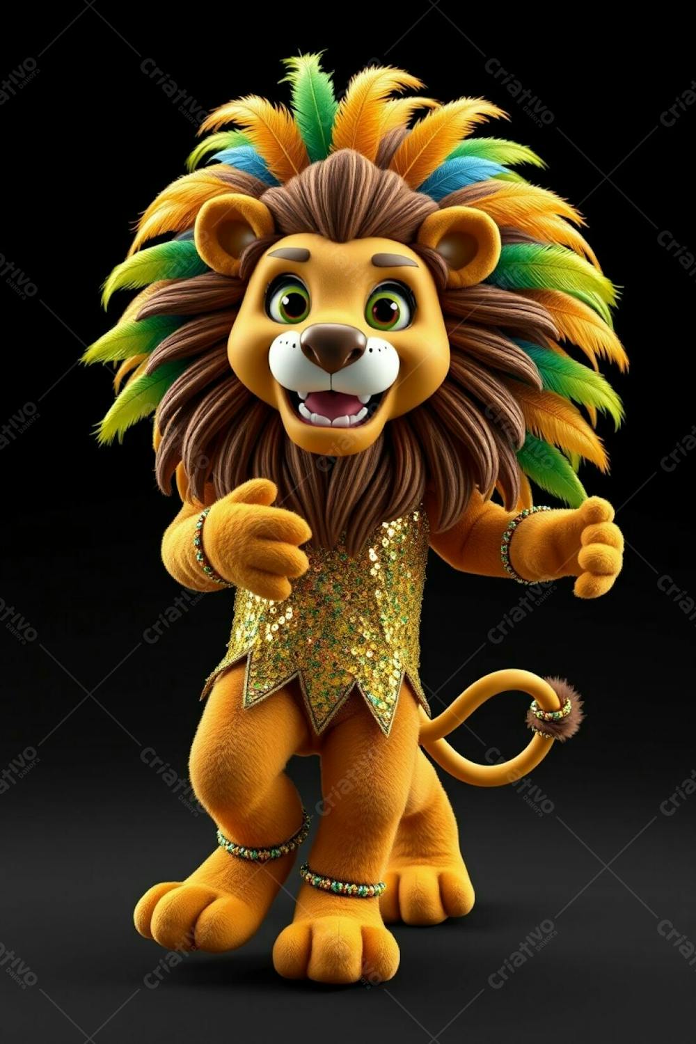 High Angle, Full Body Shot Of A 3D Rendered Lion Mascot, Leonardo, Against A Black Background. Leonardo Is Designed For Carnaval, Wearing A Sequined Brazilian Inspired Costume With Gold, B