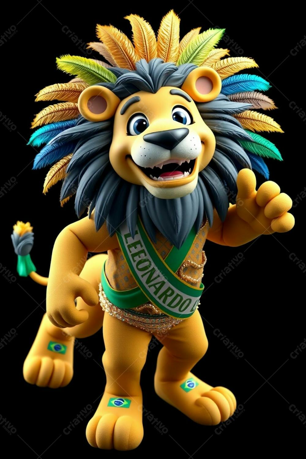 High Angle, Full Body Shot Of A 3D Rendered Lion Mascot, Leonardo, Against A Black Background. Leonardo Is Designed For Carnaval, Wearing A Sequined Outfit With Brazilian Inspired Patterns,