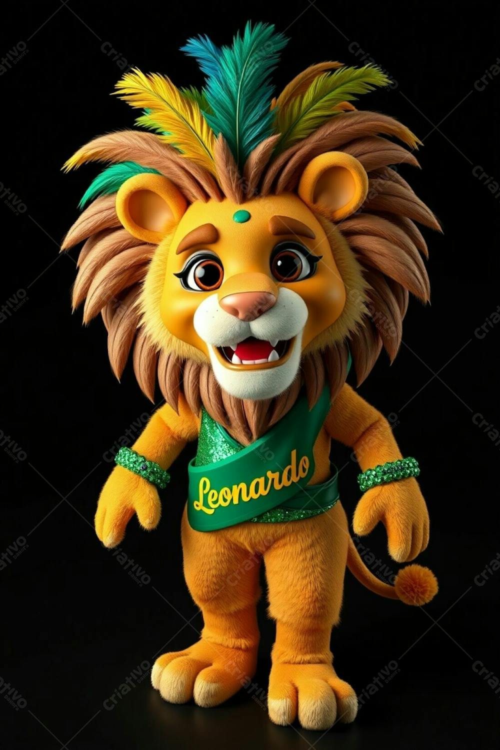 High Angle, Full Body Shot Of A 3D Rendered Lion Mascot, Leonardo, Against A Black Background. Leonardo Is Designed For Carnaval, With A Cheerful Expression, Gold, Blue, And Green Feathers