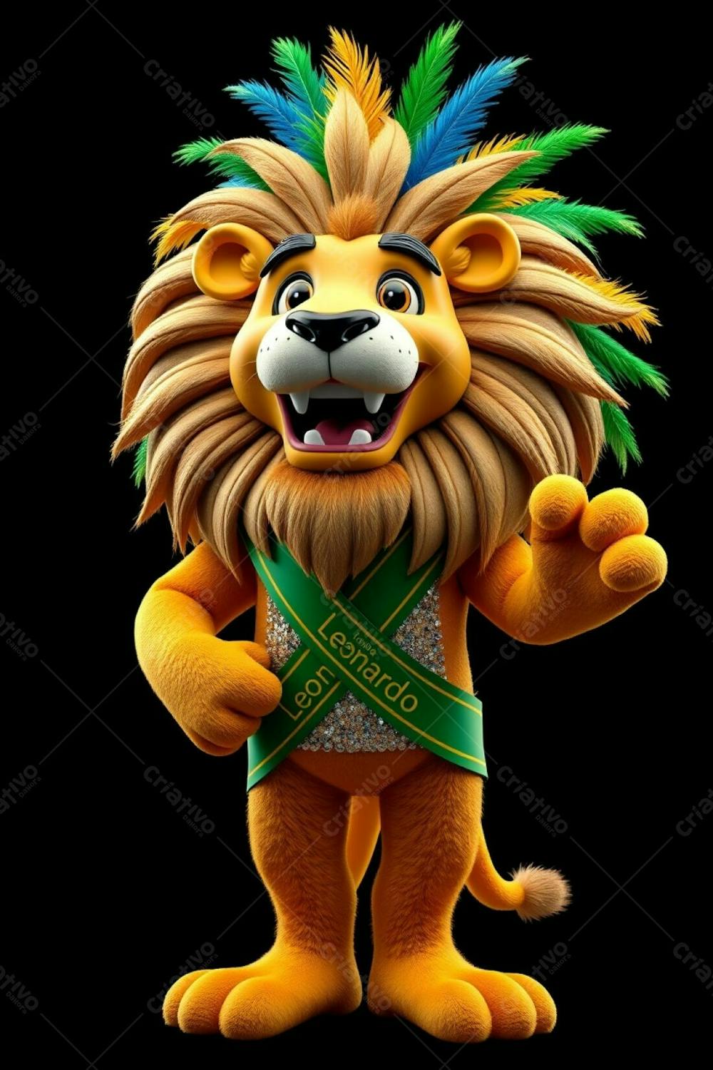 High Angle, Full Body Shot Of A 3D Rendered Lion Mascot, Leonardo, Against A Black Background. Leonardo, Designed For Carnaval, Wears A Sequined Brazilian Inspired Outfit With Gold, Blue, A