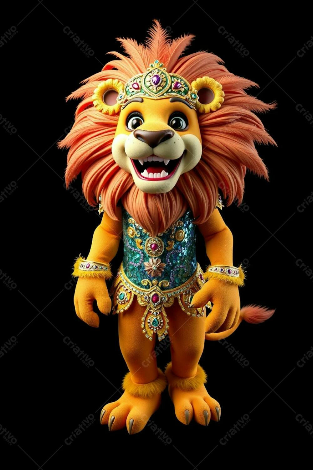 High Angle, Full Body Shot Of A 3D Rendered Lion Mascot, Leonardo, Designed For Carnaval. Ultra High Definition Image Against A Solid Black Background. Leonardo Has A Joyful Expression And W