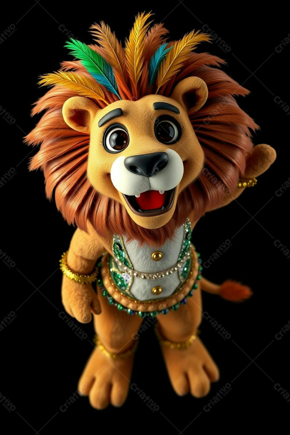 High Angle, Full Body Shot Of A 3D Rendered Lion Mascot, Leonardo, For Carnaval. He Is Joyful, Wearing A Sequined Brazilian Inspired Costume With Gold, Blue, And Green Feathers In His Mane.