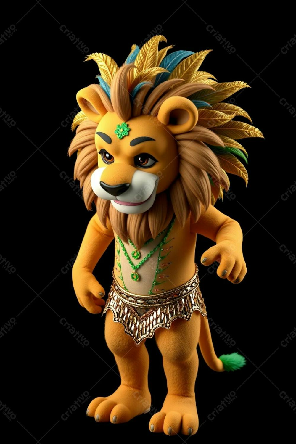 High Angle, Full Body Shot Of A 3D Rendered Lion Mascot, Leonardo, For Carnaval. He&#39;S Against A Black Background, Wearing A Sequined Brazilian Inspired Costume With Gold, Blue, And Gree