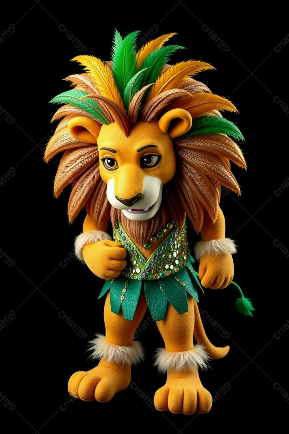 High Angle, Full Body Shot Of A 3D Rendered Lion Mascot, Leonardo, For Carnaval. He&#39;S Against A Black Background, Wearing A Sequined Brazilian Inspired Costume With Gold, Blue, And Gree