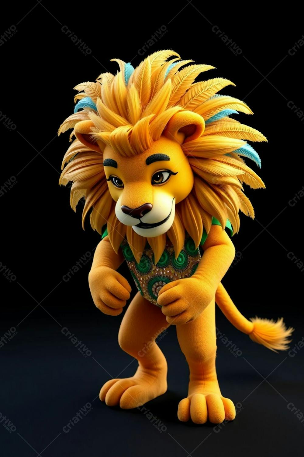 High Angle, Full Body Shot Of A 3D Rendered Lion Mascot, Leonardo, For Carnaval. He&#39;S Against A Black Background, Wearing A Sequined Brazilian Inspired Costume With Gold, Blue, And Gree