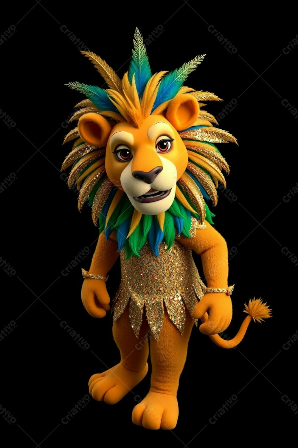 High Angle, Full Body Shot Of A 3D Rendered Lion Mascot, Leonardo, For Carnaval. He&#39;S Against A Black Background, Wearing A Sequined Brazilian Inspired Costume With Gold, Blue, And Gree