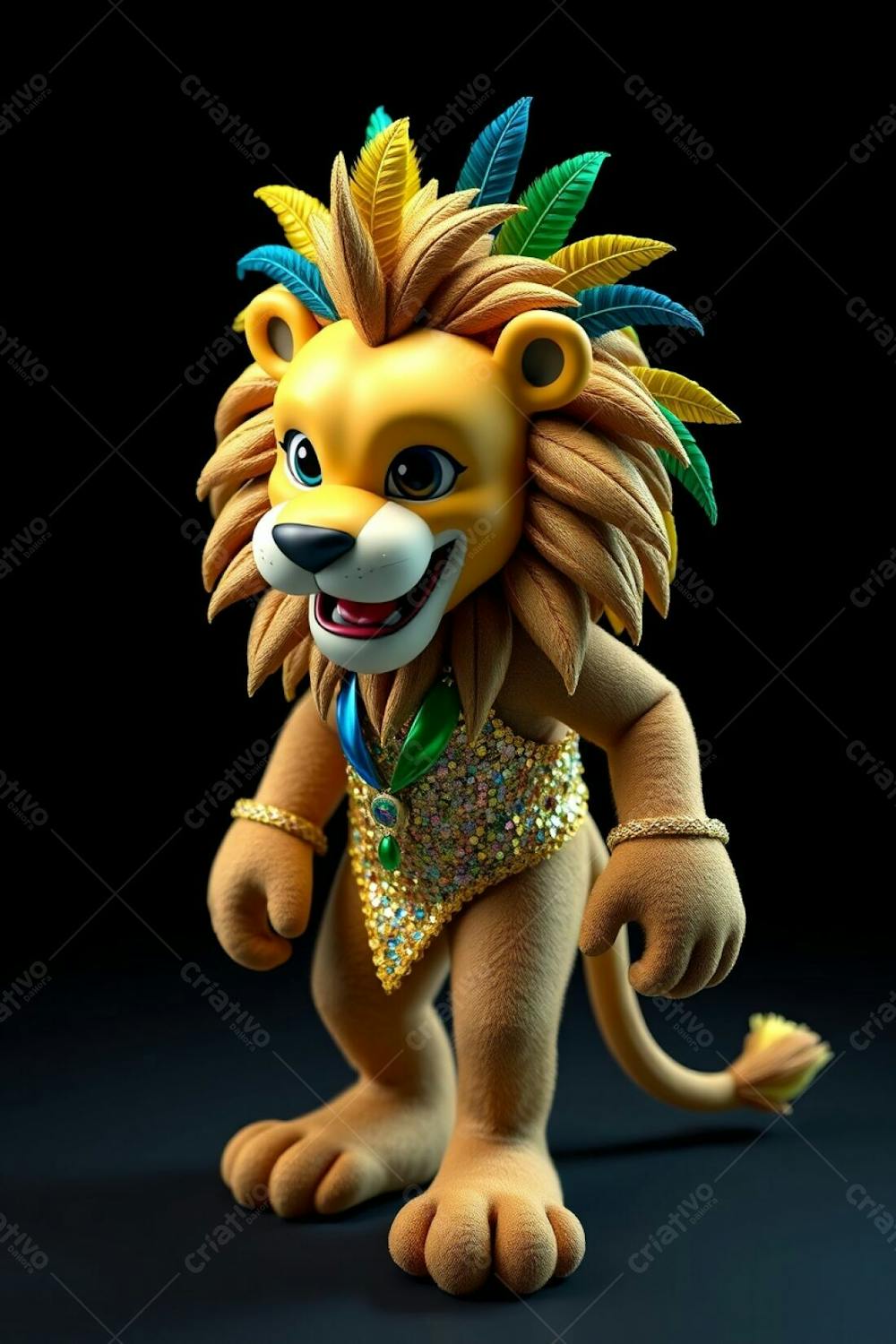 High Angle, Full Body Shot Of A 3D Rendered Lion Mascot, Leonardo, For Carnaval. He&#39;S Against A Black Background, Wearing A Sequined Brazilian Inspired Costume With Gold, Blue, And Gree