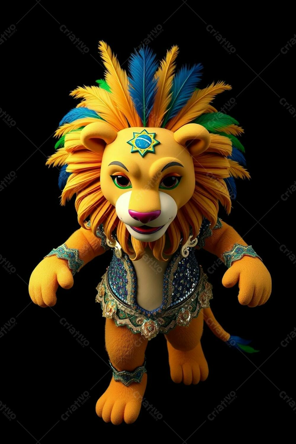 High Angle, Full Body Shot Of A 3D Rendered Lion Mascot, Leonardo, For Carnaval. He&#39;S Against A Black Background, Wearing A Sequined Brazilian Inspired Costume With Gold, Blue, And Gree