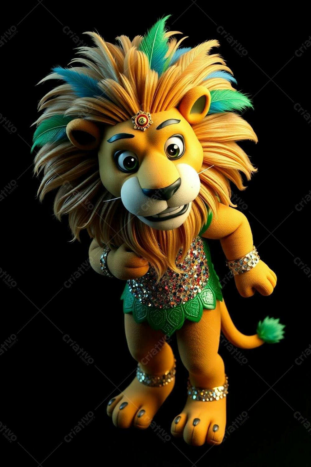 High Angle, Full Body Shot Of A 3D Rendered Lion Mascot, Leonardo, For Carnaval. He&#39;S Against A Black Background, Wearing A Sequined Brazilian Inspired Costume With Gold, Blue, And Gree