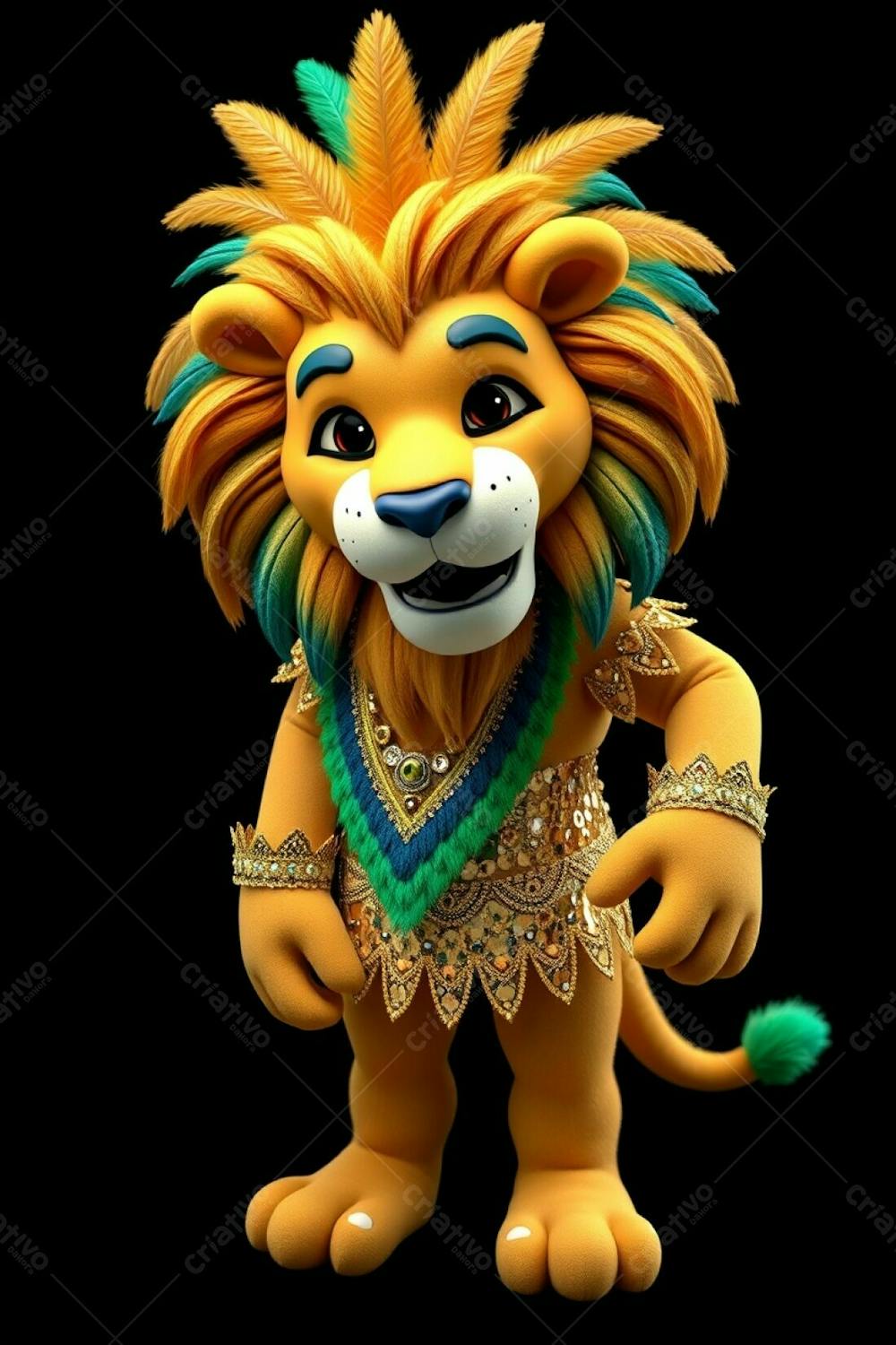 High Angle, Full Body Shot Of A 3D Rendered Lion Mascot, Leonardo, For Carnaval. He&#39;S Against A Black Background, Wearing A Sequined Brazilian Inspired Costume With Gold, Blue, And Gree