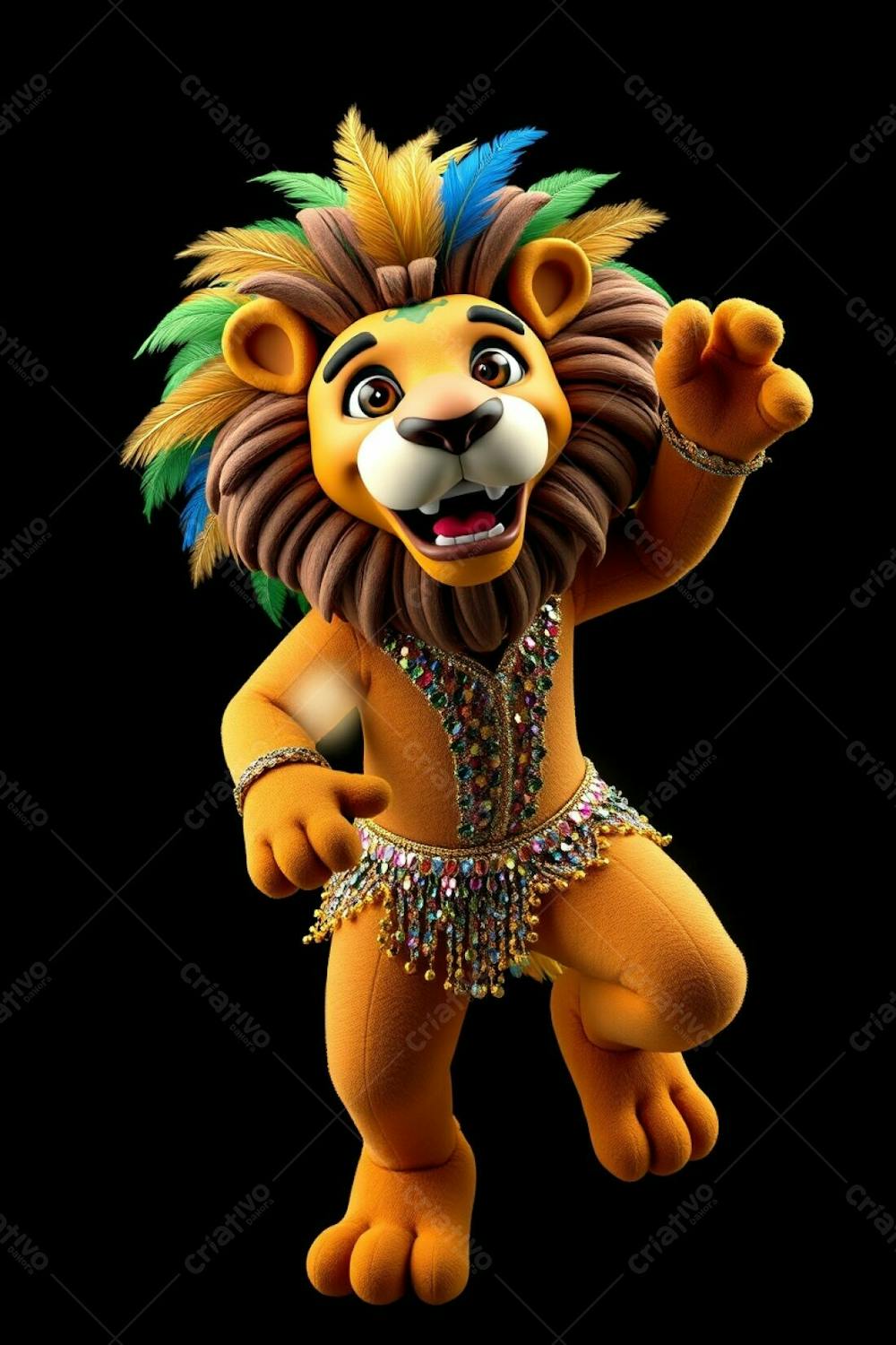 High Angle, Full Body Shot Of A 3D Rendered Lion Mascot, Leonardo, For Carnaval. He&#39;S Against A Black Background, Wearing A Sequined Brazilian Inspired Costume With Gold, Blue, And Green Fe